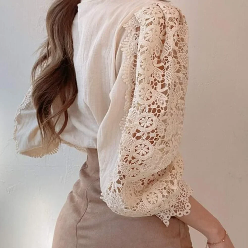 VICTORIAN BEAUTY Crochet Lace Mock Neck Pearl Button Down Blouse NEW
